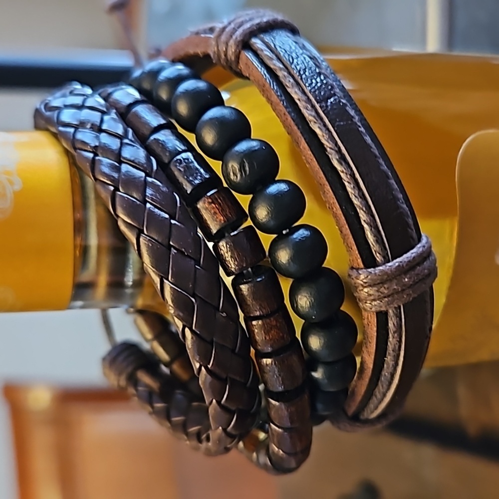 Leather and Cord and Wooden Bead Stacked Bracelets Unisex